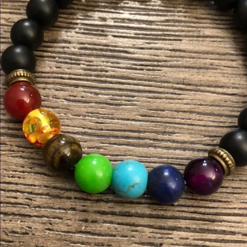Chakra & Black Bead Rainbow Stretch Bracelet